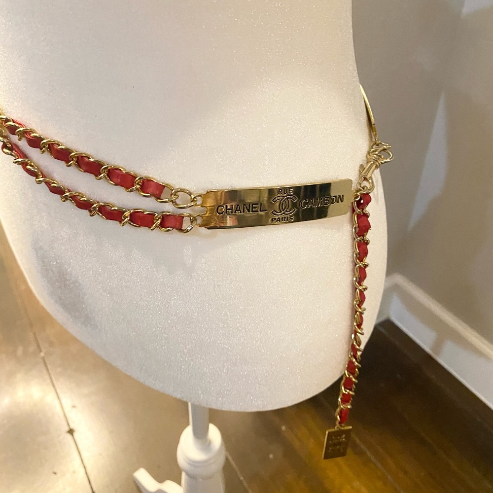 Authentic Red Leather Gold Chain Chanel Belt